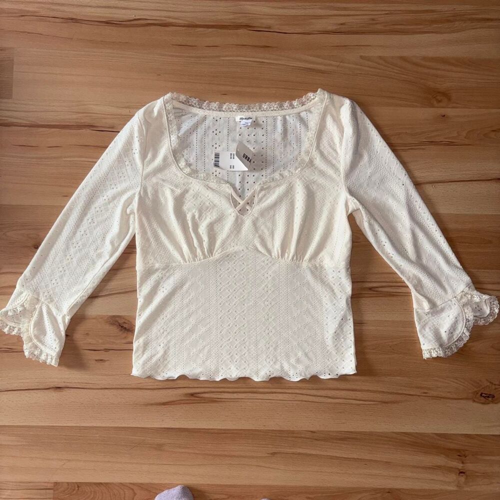 Cottagecore Romantic Cream Eyelet Lace Blouse 3/4 Sleeves Kimchi Blue NWT size M